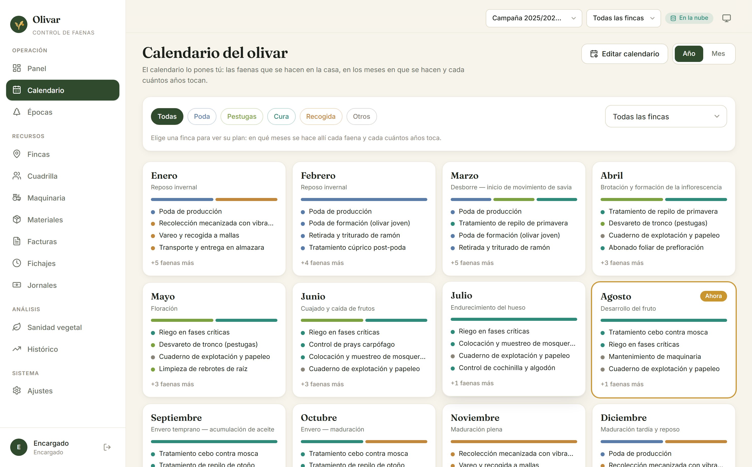 Pantalla del calendario de faenas