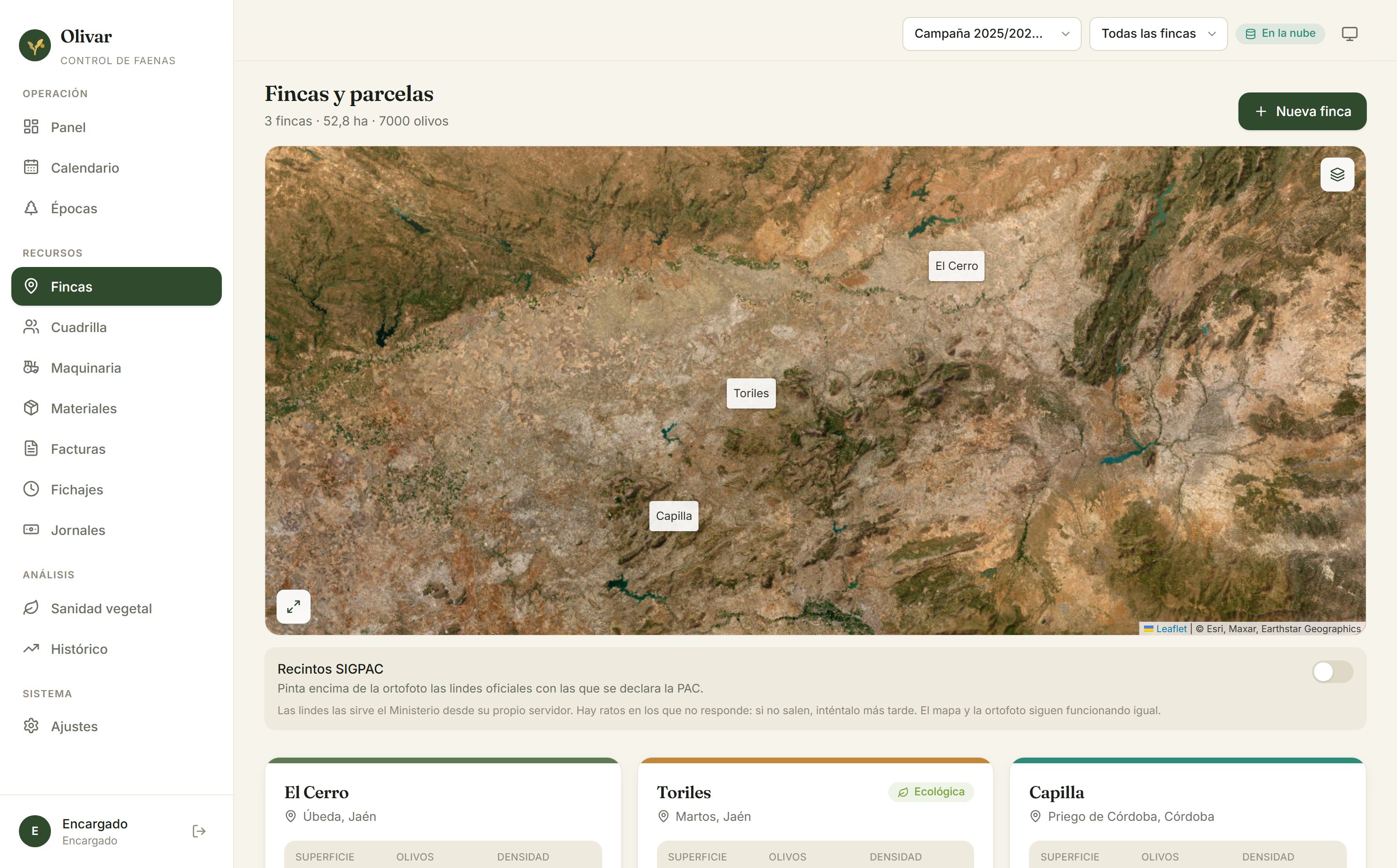 Pantalla de fincas y parcelas sobre el mapa