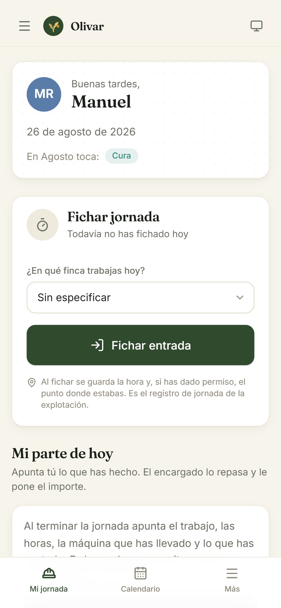 Pantalla del trabajador en el móvil, con el botón de fichar entrada